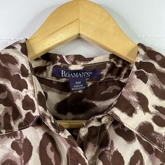ROAMAN'S Tan Brown‎ Cheetah Button Up Long Sleeve Blouse Shirt Top Size 18W - Picture 7 of 11